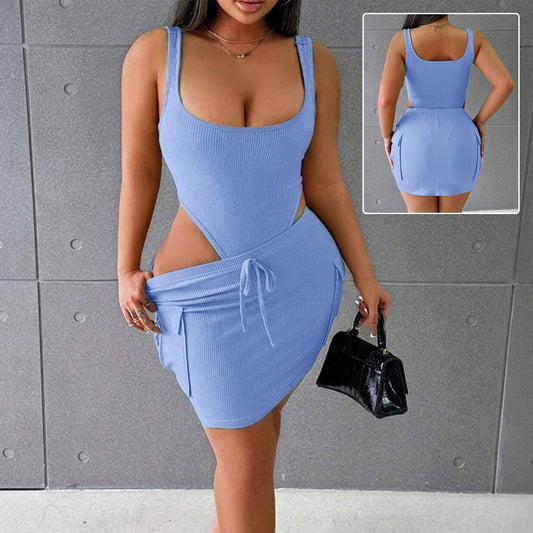 Ribbed Square Neck Women's Tank Top Bodysuit + Mini Cargo Pocketed Skirt 2-Piece Set