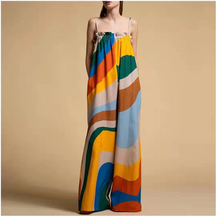 Abstract Geometric Print Women's Sleeveless Halter Neck Wide Leg Jumpsuit