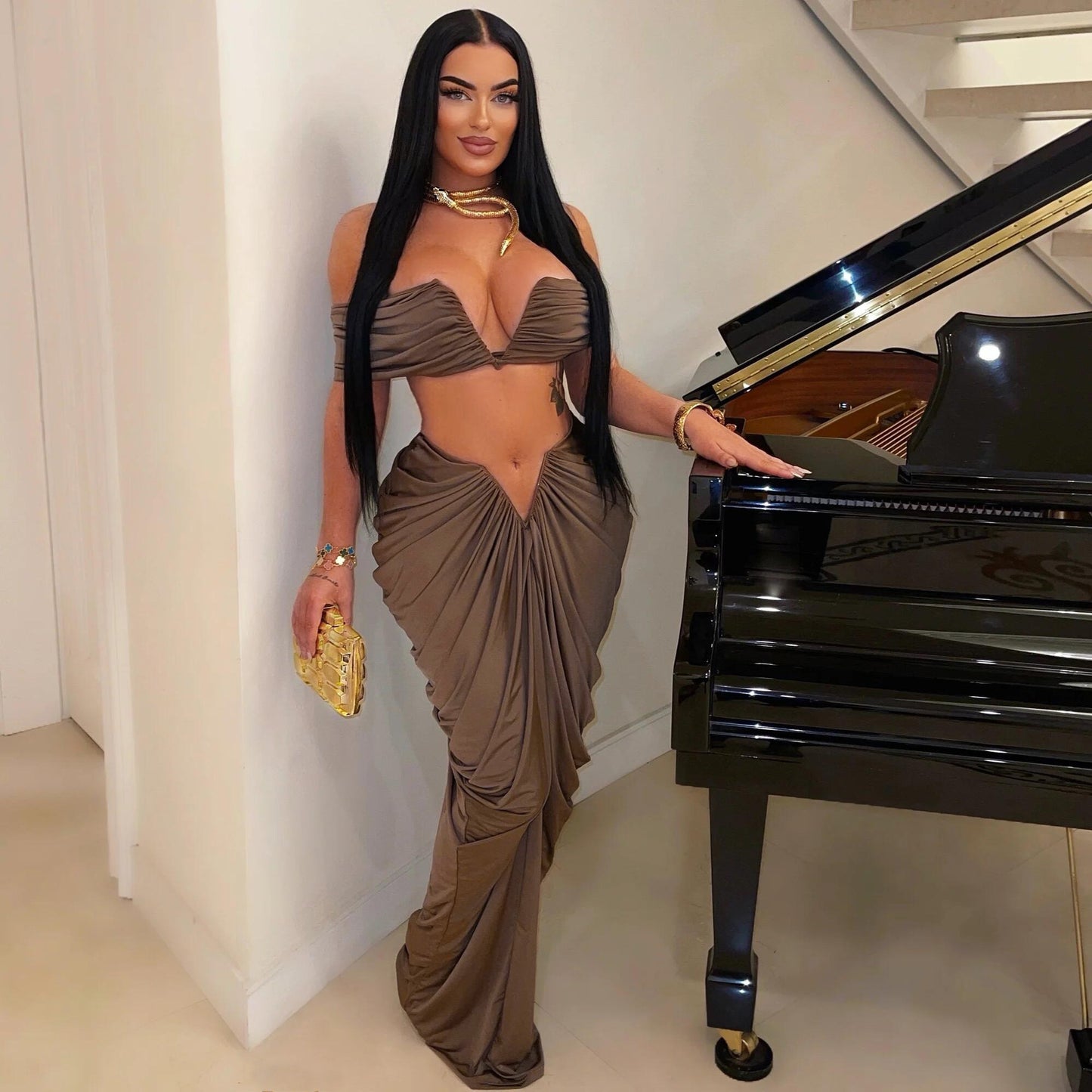 Sleeveless Off-the-Shoulder Crop Tube Top + Ruched Pleated Maxi Skirt 2-Piece Set