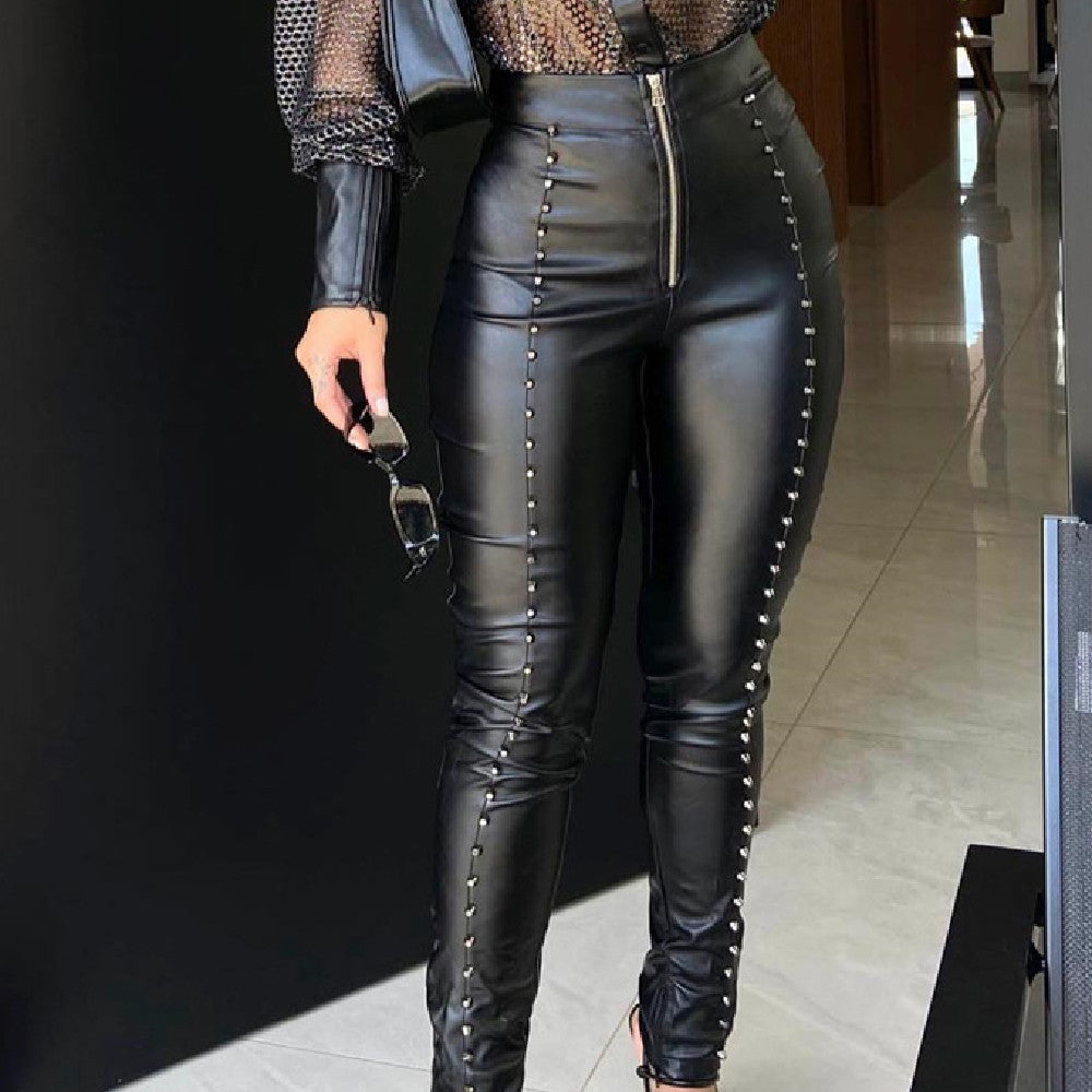Women's Black Zippered Rivet Leather Pants