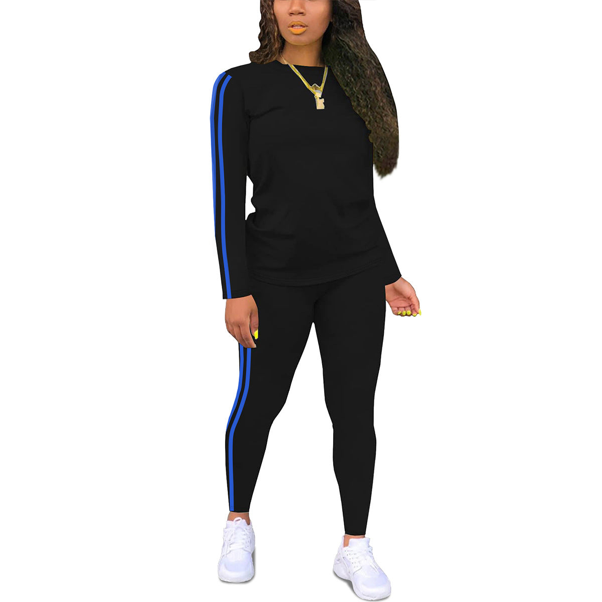 Side Striped Fitness O-Neck Women's Long Sleeve Top + Skinny Sweatpants 2-Piece Set