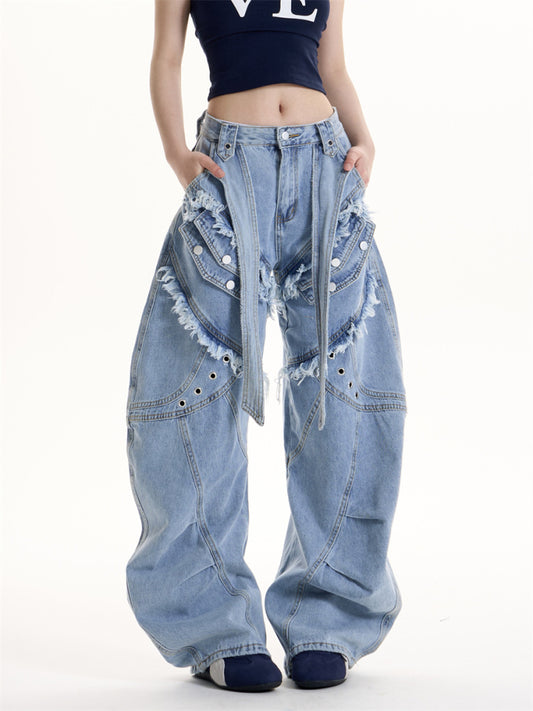 Baggy Tassel Fringe Loose Strap Design Women's Heavy Industry Deconstructive Cargo Jeans