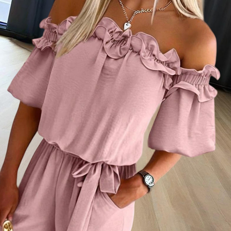 Floral Ruffled Solid Color Women's Off-the-Shoulder Sash Belt Jumpsuit
