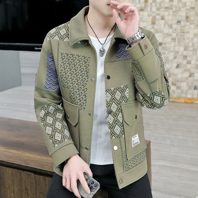 Men's Geometric Colorblock Turn-Down Collar Button-Up Jacket
