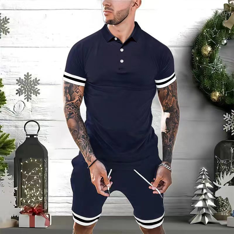Men's Side Striped Turn-Down Collar Short Sleeve Polo Shirt + Shorts 2-Piece Set