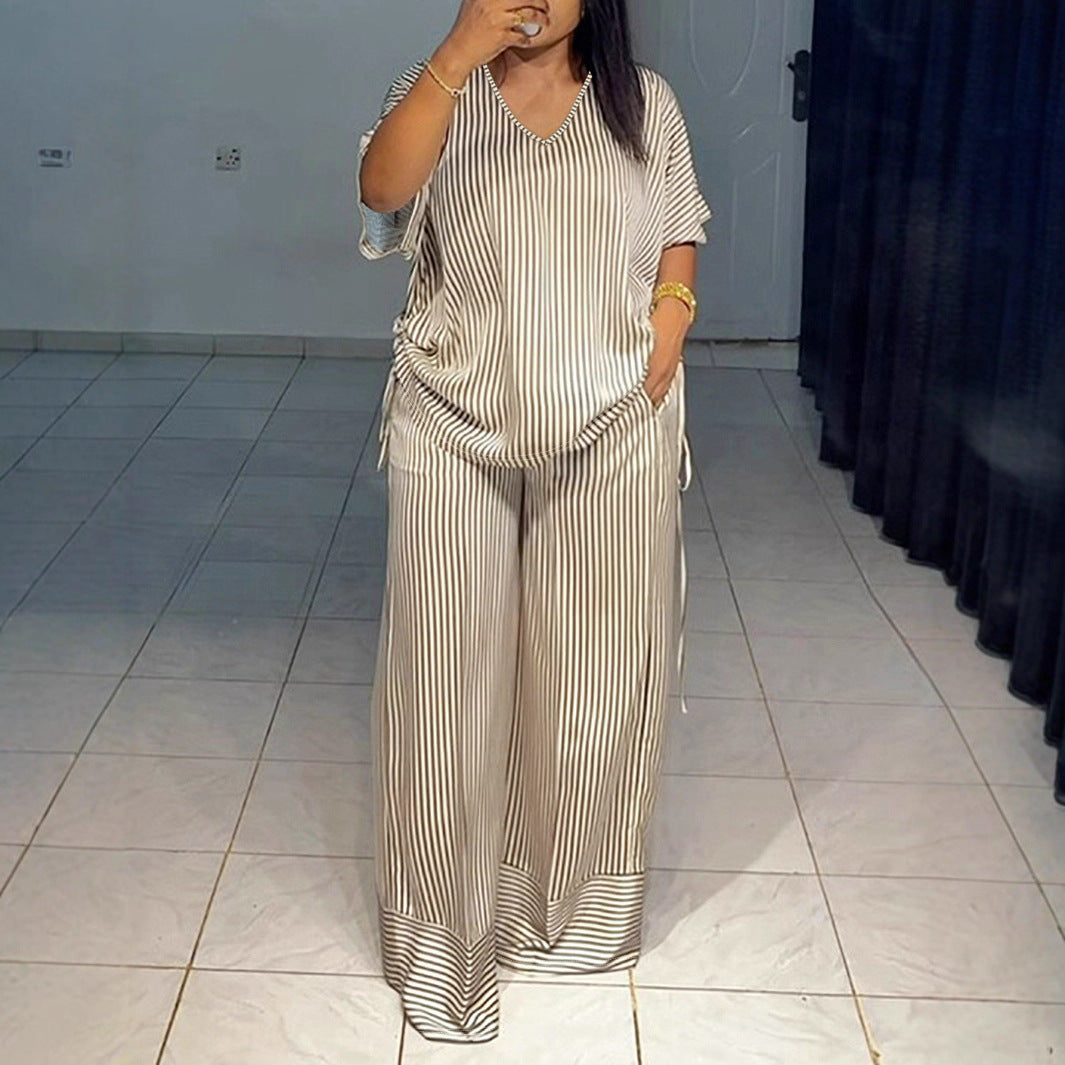 Loose Striped Drawstring V-Neck Short Sleeve Top  & Wide Leg Pants 2-Piece Set to 4X Plus Size