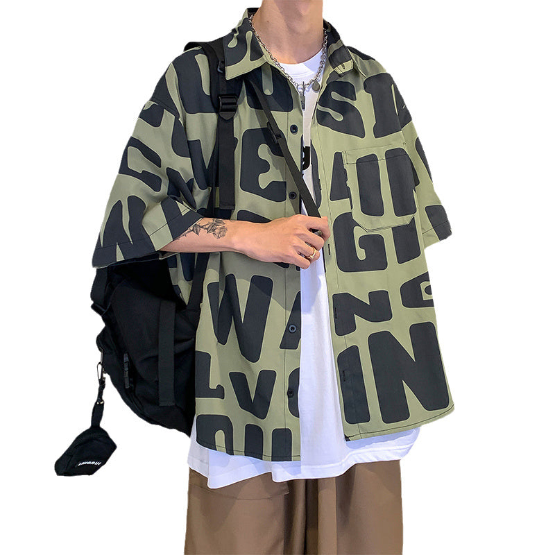 Men's Big Letter Print Turn-Down Collar Short Sleeve Hip-Hop Shirt