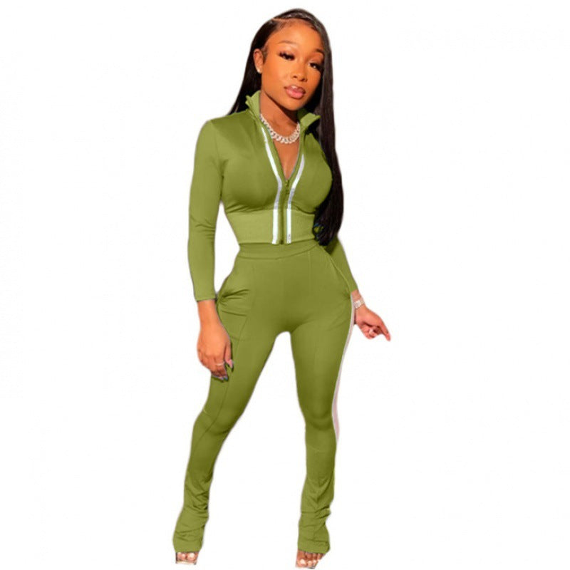 Skinny Side Striped Women's Zipper Sports Jacket + Skinny Sweatpants Tracksuit