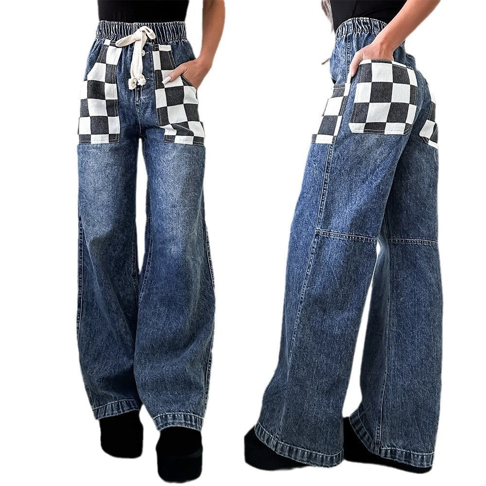Denim Loose Plaid Checker Print Contrast Colorblock Women's Elastic Waist Drawstring Trouser Jeans