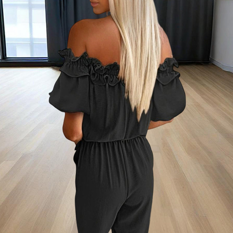 Floral Ruffled Solid Color Women's Off-the-Shoulder Sash Belt Jumpsuit