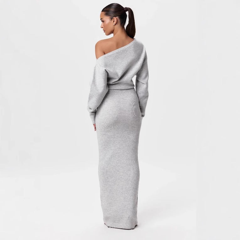 Knitted Skinny Fit Long Sleeve Off-the-Shoulder Solid Color Bodycon Maxi Dress