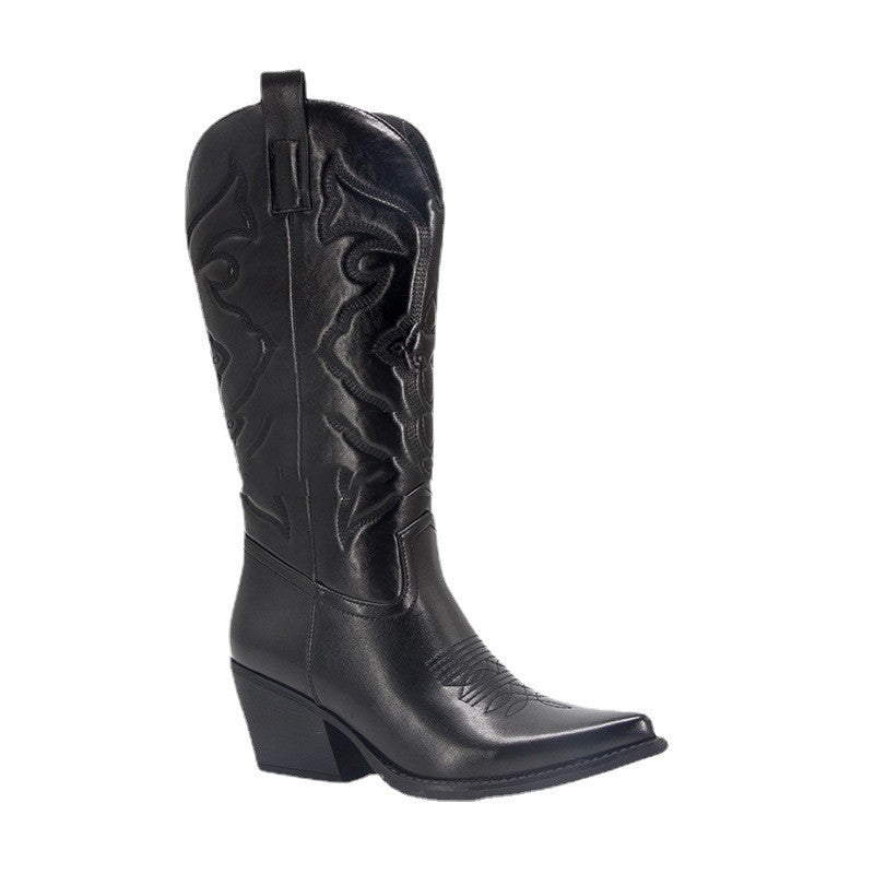 Vintage Western Embroidered Pointed Toe Side Zipper Women's Chunky Heel Cowgirl Boots