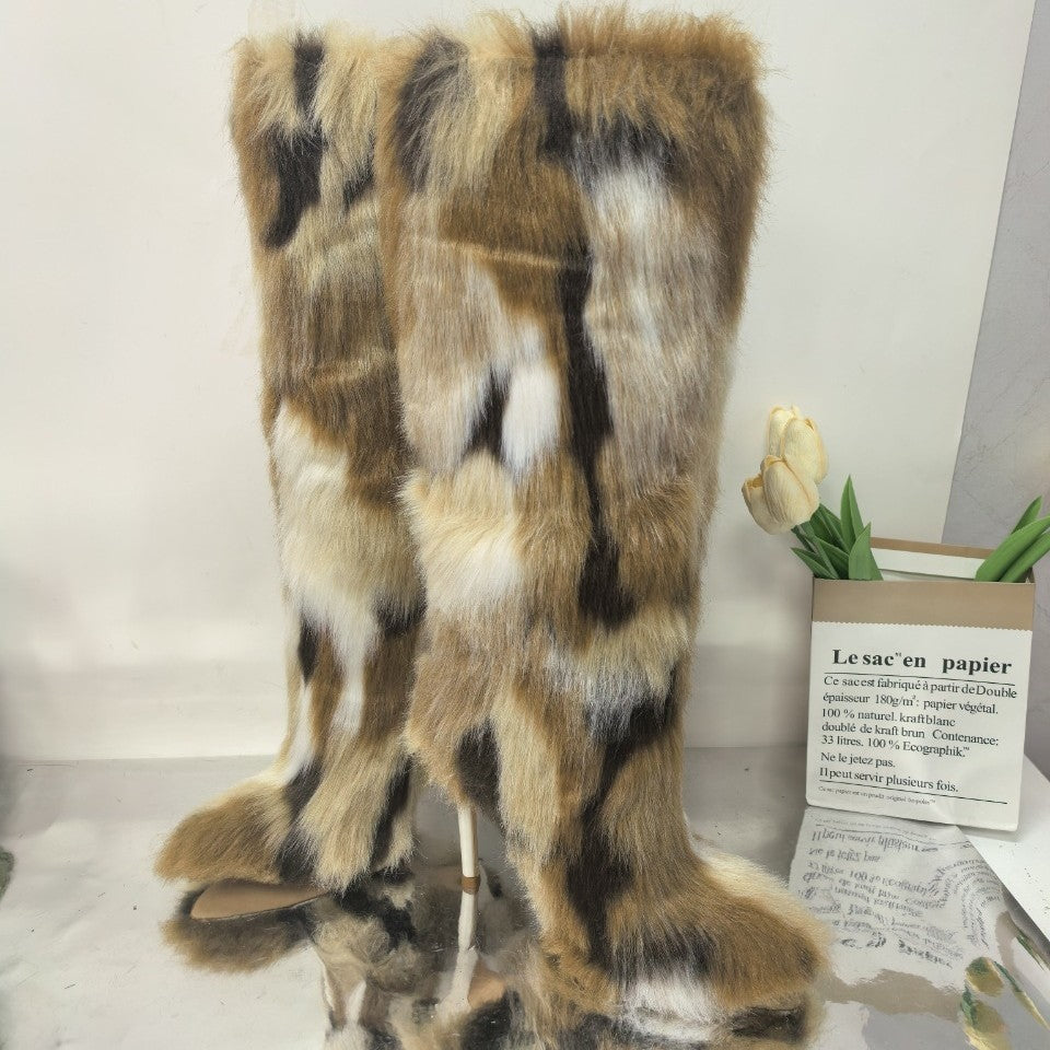 Faux Fur Colorblock Brown/White/Black Faux Fur Pattern Stiletto Heel Women's Knee-High Boots