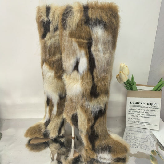 Faux Fur Colorblock Brown/White/Black Faux Fur Pattern Stiletto Heel Women's Knee-High Boots