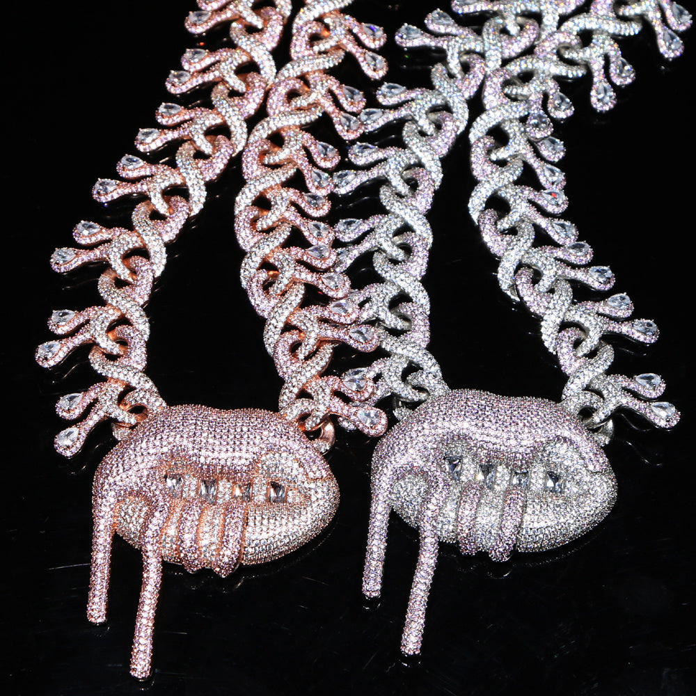 Metallic Lips Paint Dripping Design Pendant Hip-Hop Cuban Chain Necklace