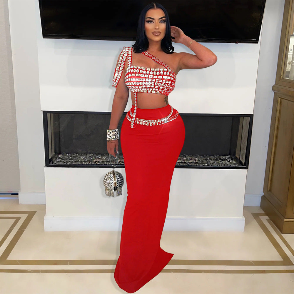 Draped Big Rhinestone Embellished Asymmetrical One Shoulder Crop Top+ Maxi Skirt Women's Formal 2-Piece Set