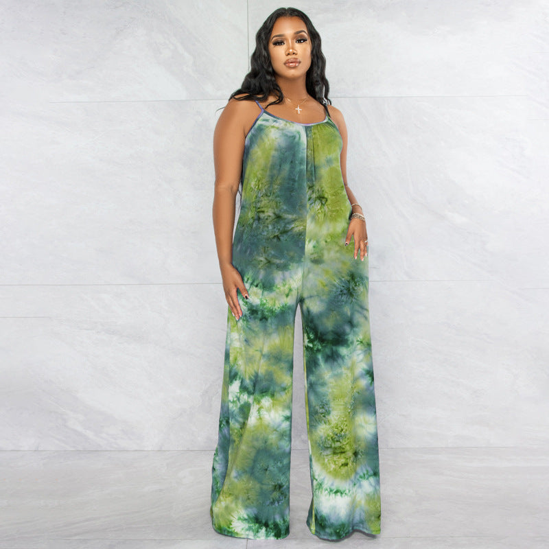 Tie-Dye Print Sleeveless Wide Leg Spaghetti Strap Women's Harem Jumpsuit to 5X Plus Size
