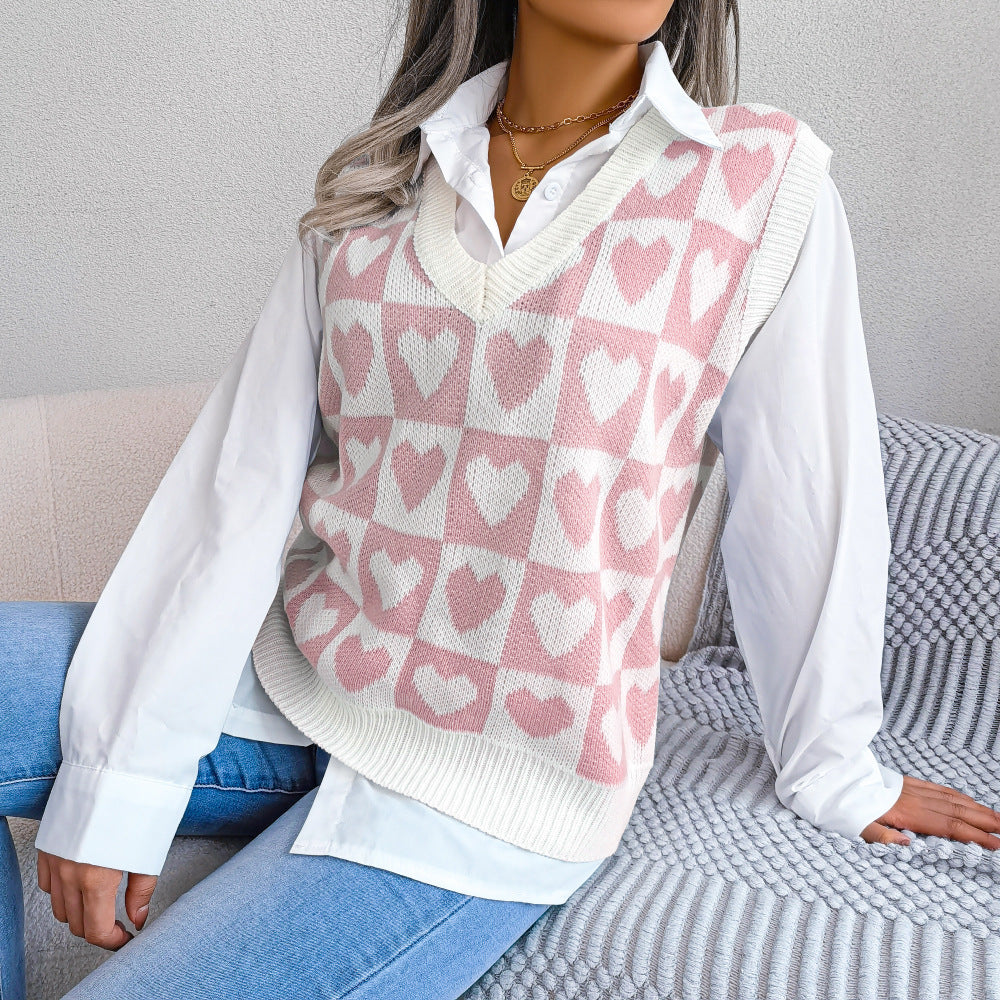 Preppy Colorblock Heart Print Women's V-Neck Knitted Sweater Vest