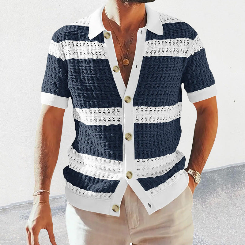 Men's English Knitted Crochet Striped Button-Up Short Sleeve Beach Polo Shirt