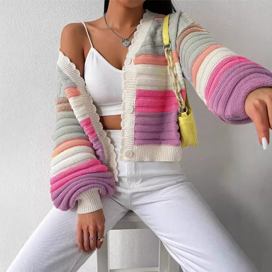 Rainbow Striped Long Lantern Sleeve Knitted Button-Up Cardigan Colorblock Women's Sweater
