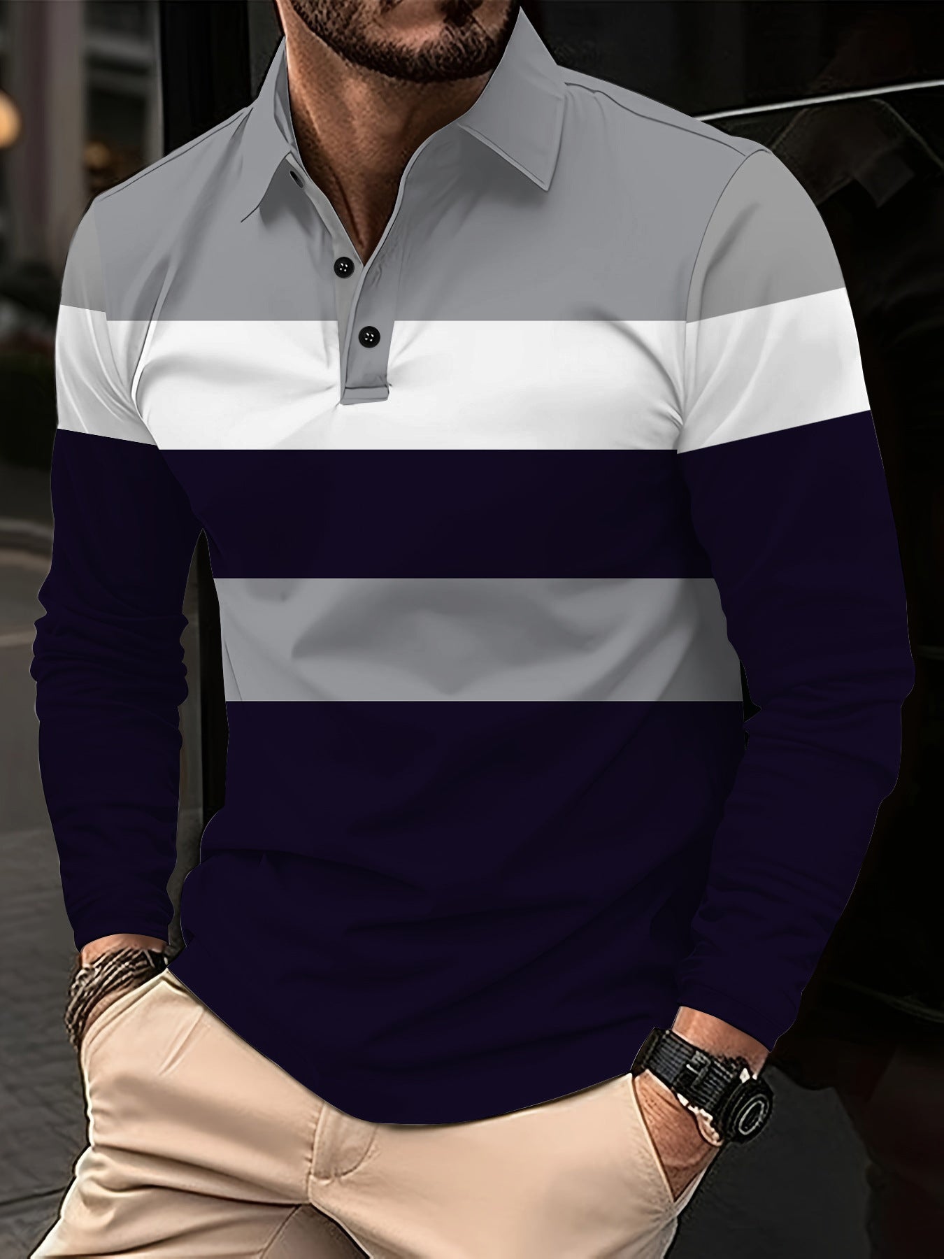 Men's Striped Colorblock Quarter Button-Up Long Sleeve Pullover Shirt