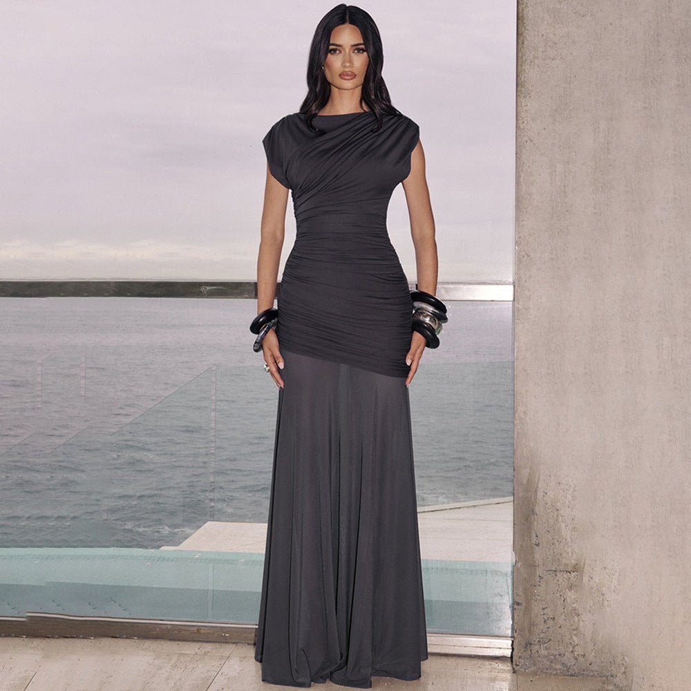Ruched Asymmetrical Hem Flared Mesh Skirt Design Solid Color Short Sleeve Maxi Dress