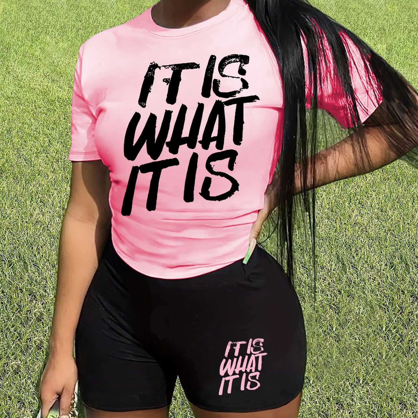 "It Is What It Is" Women's O-Neck T-Shirt + Matching Mini Shorts 2-Piece Set