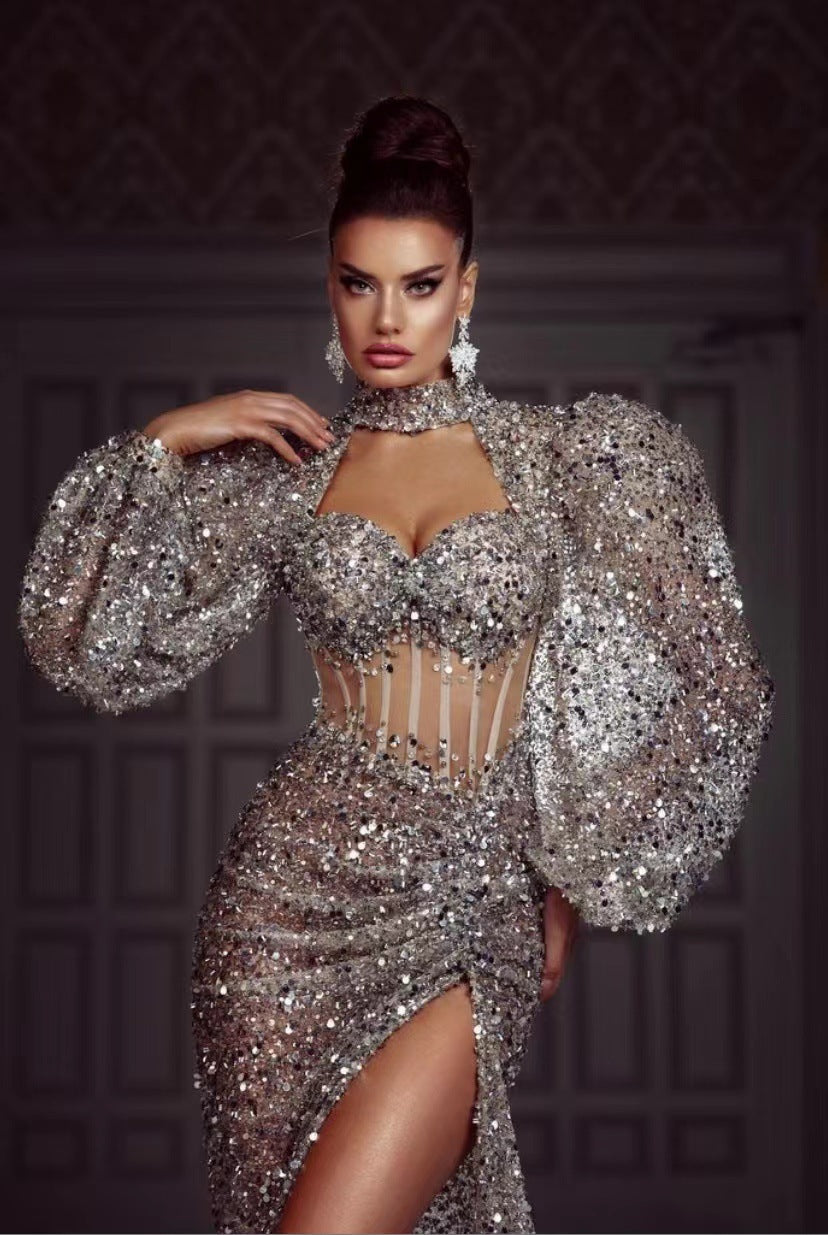 Metallic Crystal Rhinestone Corset Design Sheer Long Puff Sleeve Ruched Formal Maxi Party Dress