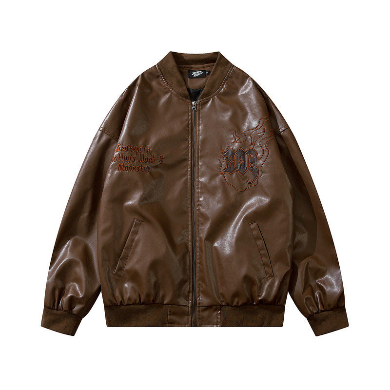 Men's PU Leather Loose Baseball Hip-Hop Turn-Down Collar Zipper Bomber Jacket