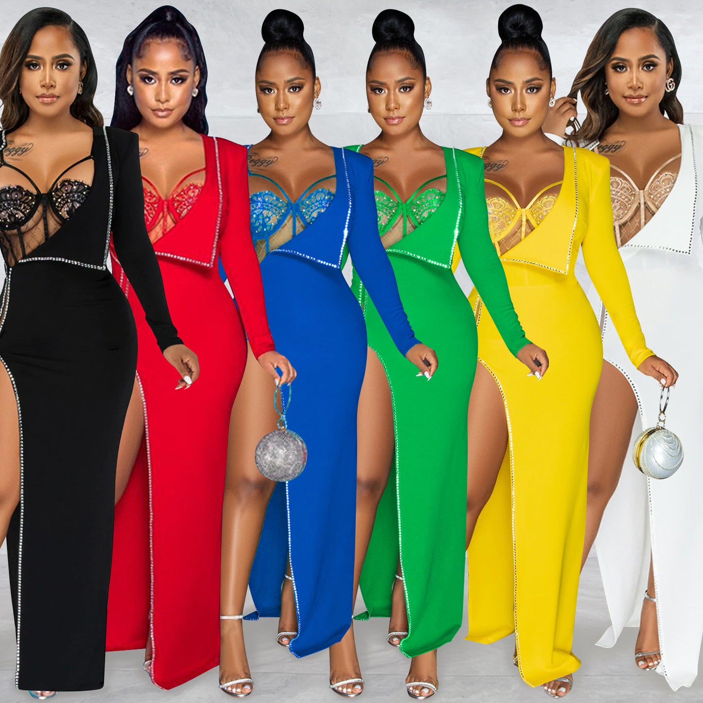 Irregular Rhinestone Cami Open Zipper Design Long Sleeve Solid Color Formal Maxi Party Dress