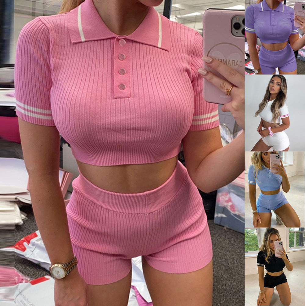 Cropped Knitted Women's Side Striped Turn-Down Collar Polo Shirt + Mini Shorts 2-Piece Set
