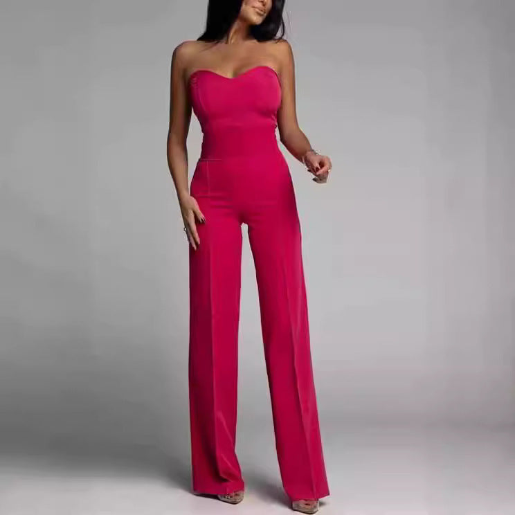 Sleeveless Strapless Women's Skinny Fit Tube Top Straight Jumpsuit