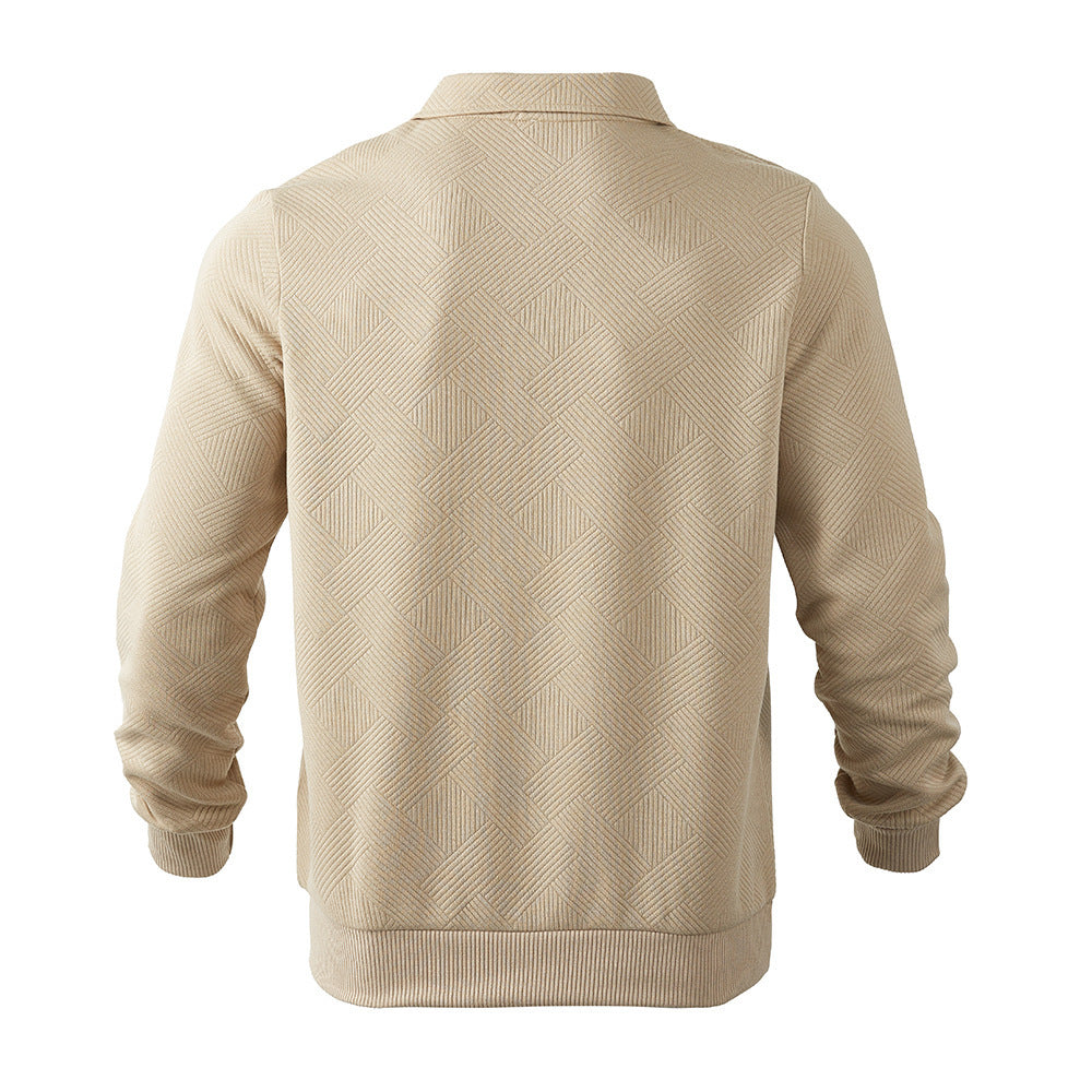 Men's Jacquard Turn-Down Collar Half Zipper Solid Color Long Sleeve Sweatshirt