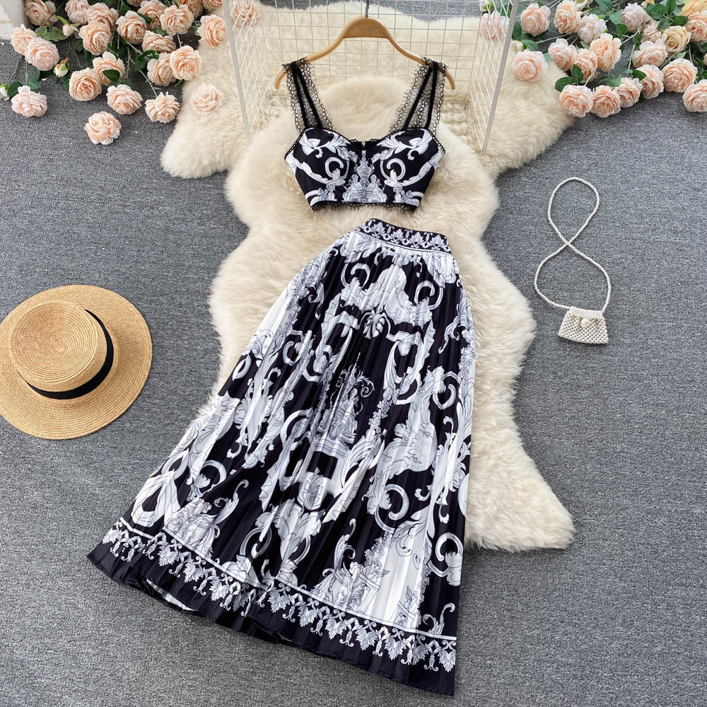 Baroque Lace Stitched Floral Print Crop Tank Top + Pleated Maxi Skirt Women's 2-Piece Set