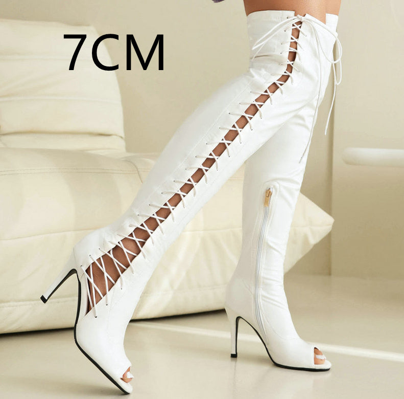 Patent Leather Peep Toe Lace-Up Women's Stiletto Heel Over-the-knee Boots