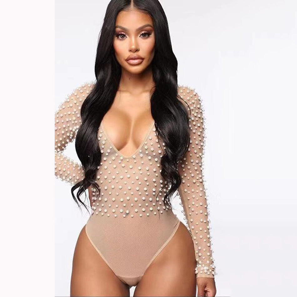 Pearl Beaded Mesh Sheer Designer V-Neck Long Sleeve Women's Bodysuit