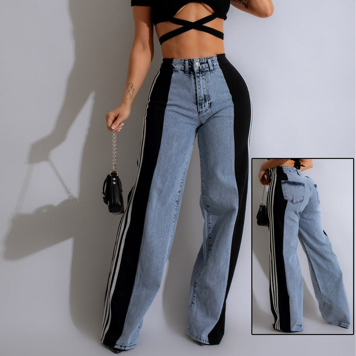 Side Striped Colorblock Denim Patchwork Wide Leg Streetwear Jeans