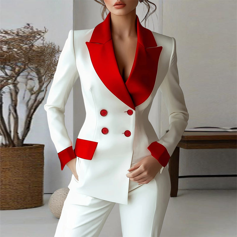 Vintage Colorblock Button-Up Notched Lapel Double Breasted Women's Tuxedo Blazer Jacket