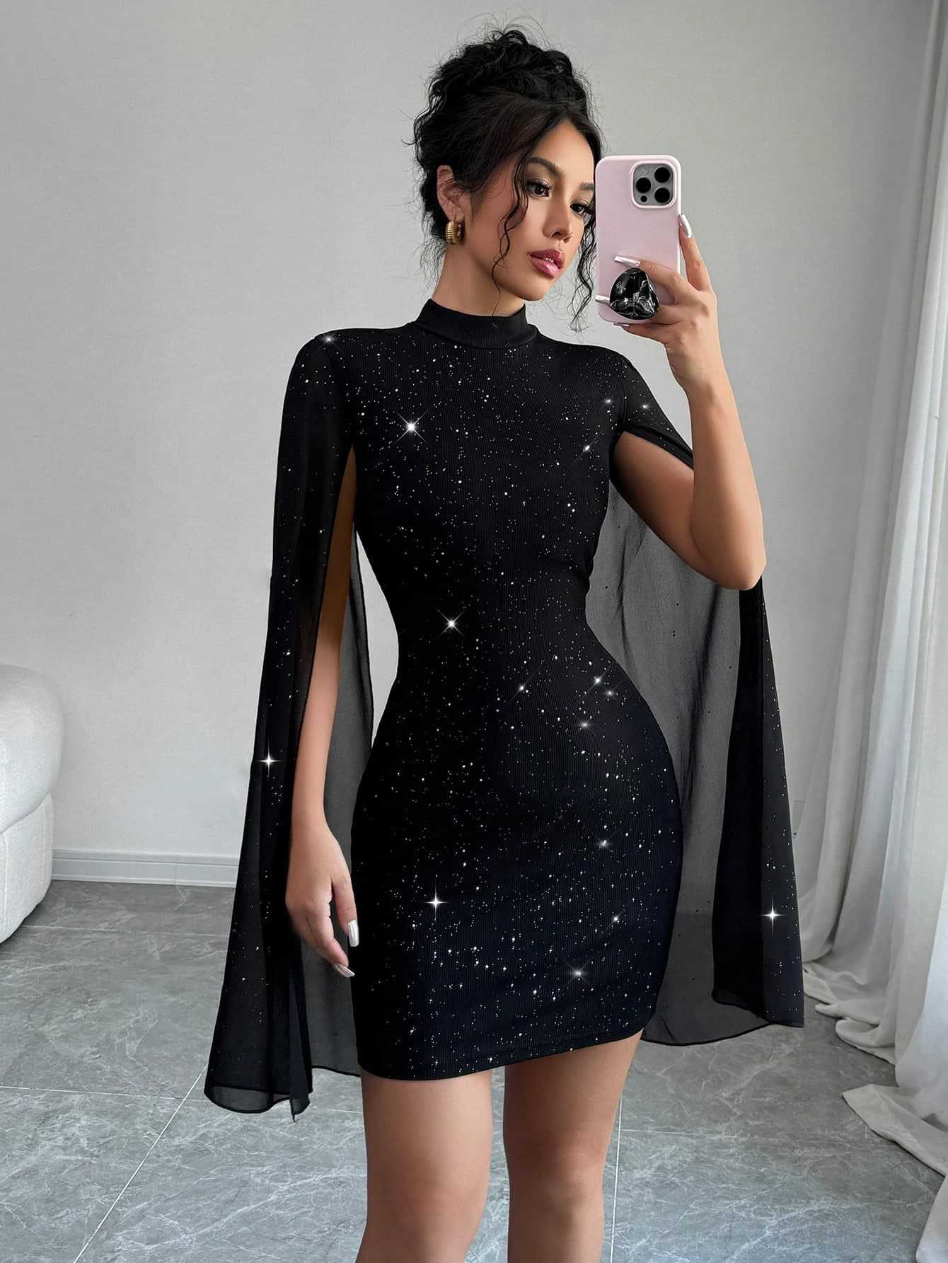 Chiffon Sparkling Glitter Round Neck Cape Sleeve Wrapped Hip Formal Mini Party Dress