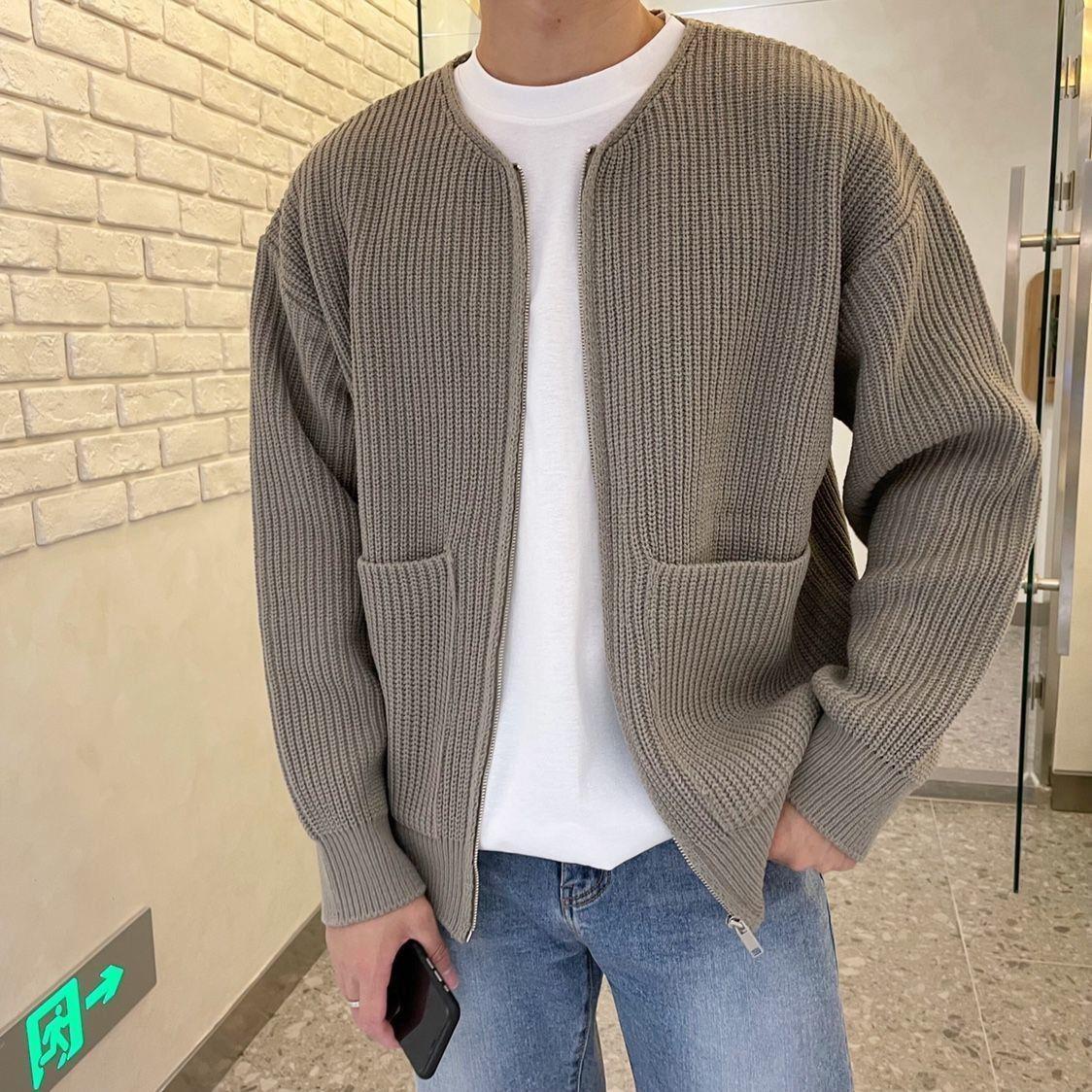 Men's Knitted Lined Funnel Neck Pocketed Zipper Cardigan Sweater Jacket
