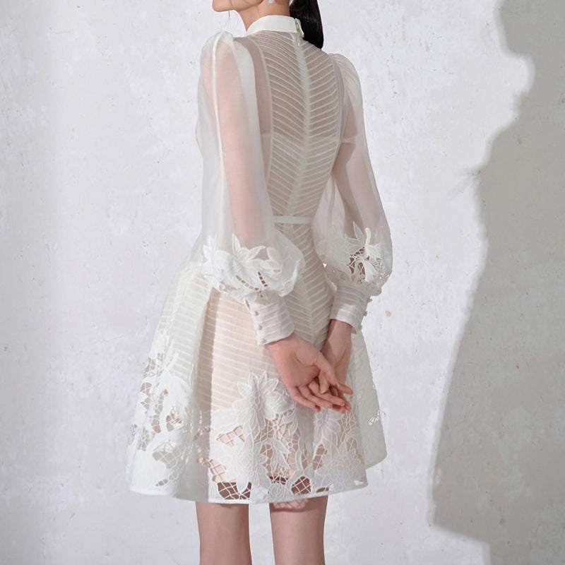 White Transparent Crochet Floral Pattern Patchwork Turn-Down Collar Pleated Long Puff Sleeve Midi Dress