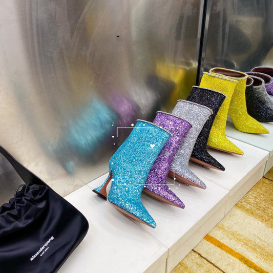 Sparkling Glitter Leather Spiked Heel Pointed Toe Women's Ankle Boots