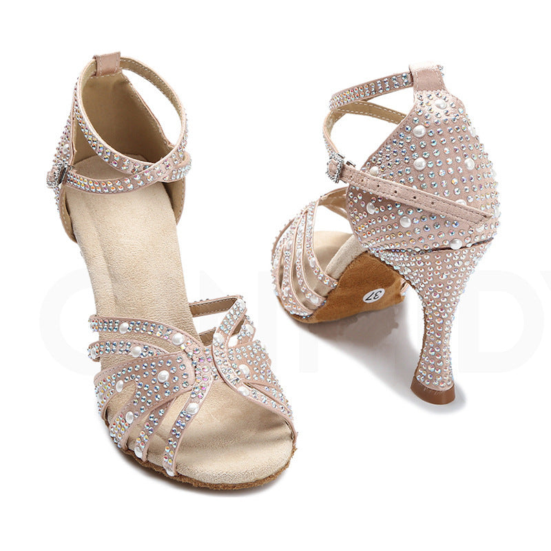 Diamond Embroidered Peep Toe Slingback Strap High Heel Women's Latin Dance Pumps