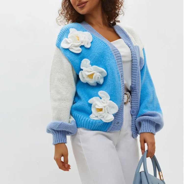 Blue/White Big Flower Embroidered Lantern Sleeve Women's Cardigan Sweater