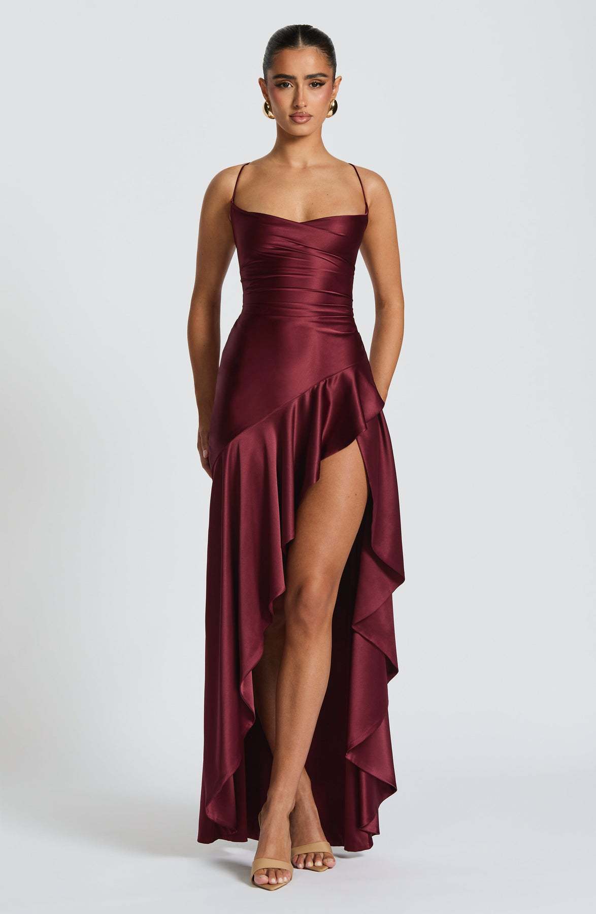 Backless Ruffled Irregular High Slit Solid Color Maxi Formal Party Dress