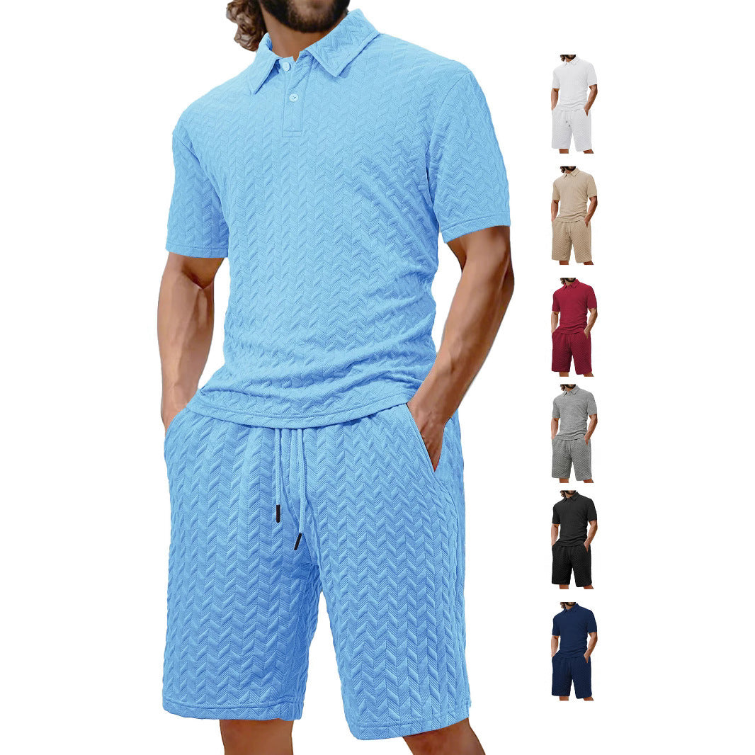 Men's Zigzag Knit Short Sleeve Turn-Down Collar Solid Color Polo Shirt + Shorts 2-Piece Set