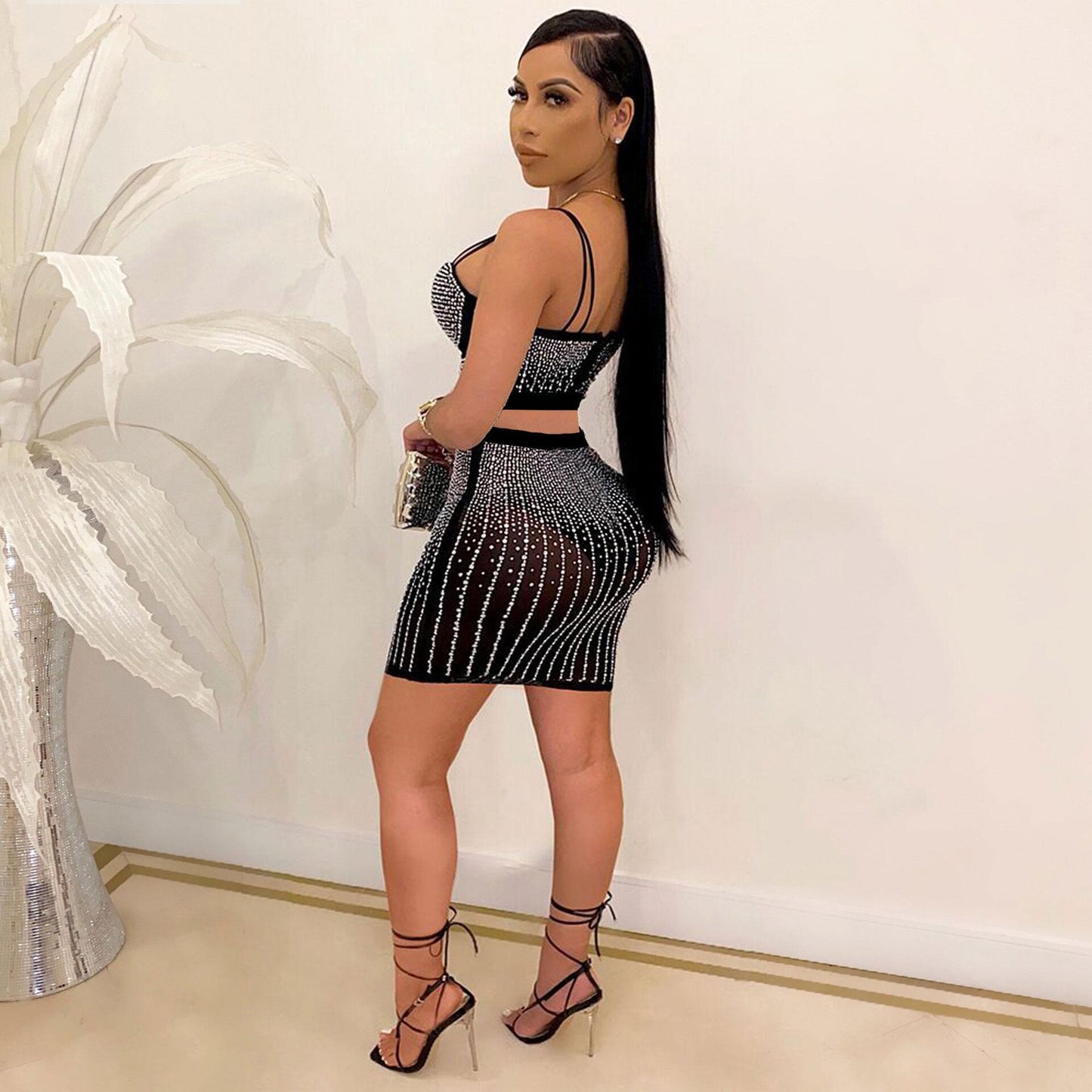 Diamond Encrusted Women's Crop Tank Top + Mini Skirt 2-Piece Set to 3X Plus Size