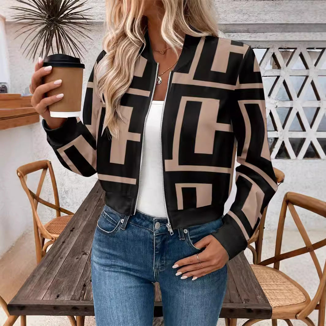 Black/Tan Geometric Colorblock Monogram Print Long Sleeve Women's O-Neck Bomber Jacket
