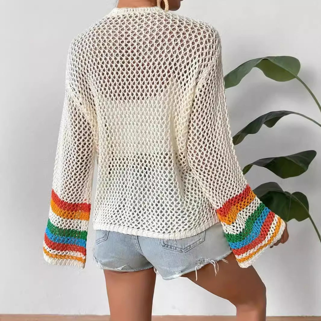 Crochet Handmade Plaid Rainbow Design Women's Cardigan Sweater