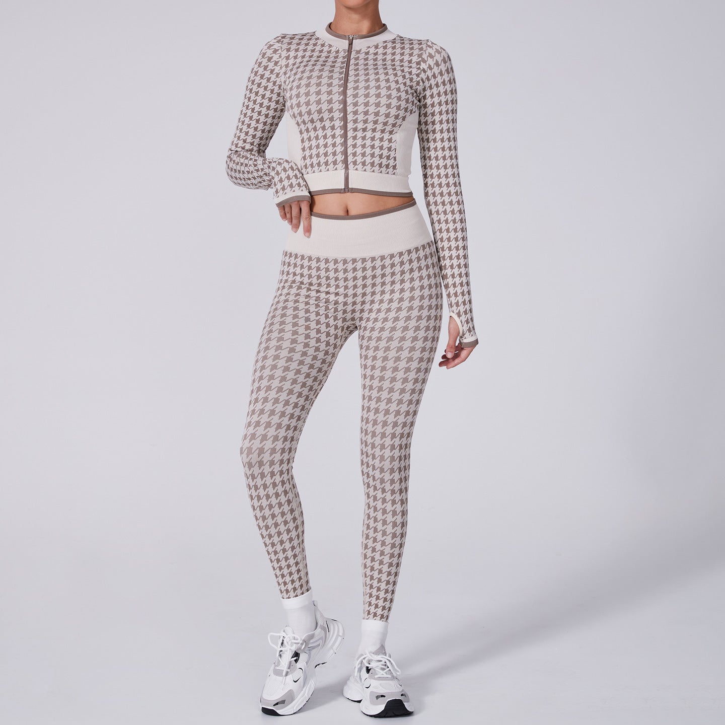 Houndstooth O-Neck Women's Zipper Sports Jacket + Leggings Tracksuit